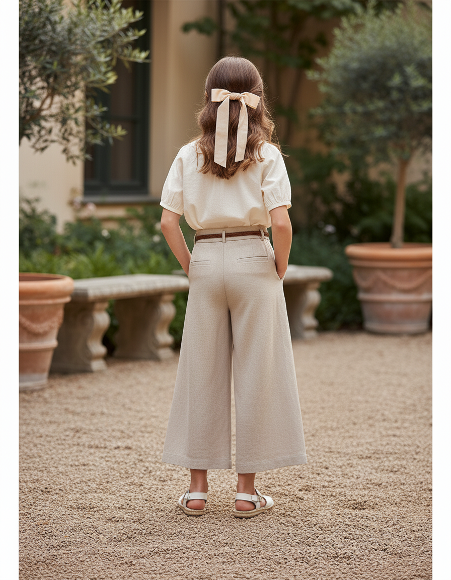 Pantalon En Lin Beige Ample Droit Enfant Élégant - vue 2