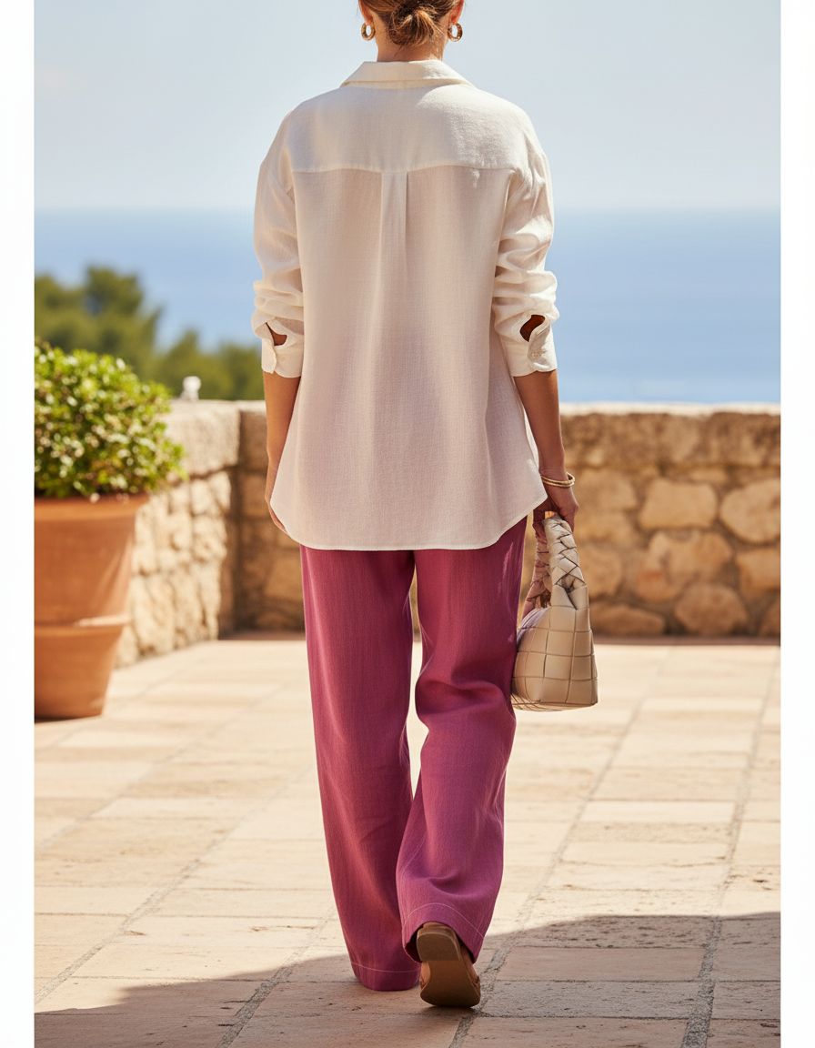 Pantalon En Lin Fuchsia Ample Taille Haute Fluide - Rose - vue 2