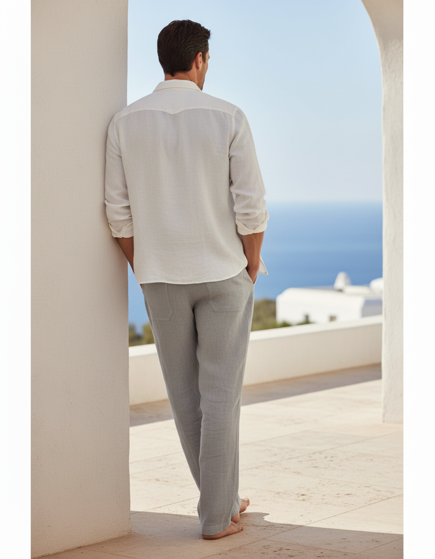 Pantalon En Lin Ample Gris Décontracté Cordon Léger - vue 2