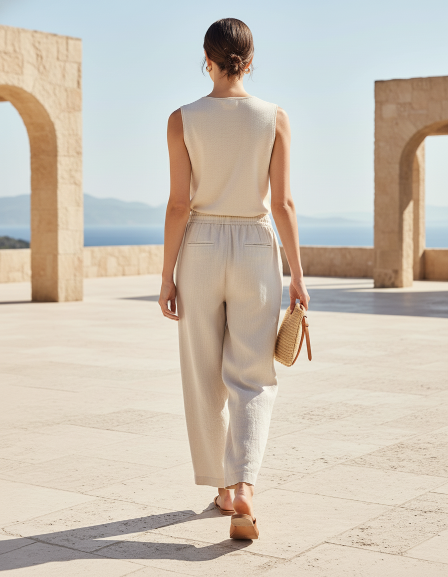 Pantalon En Lin Femme Large - Beige - vue 2