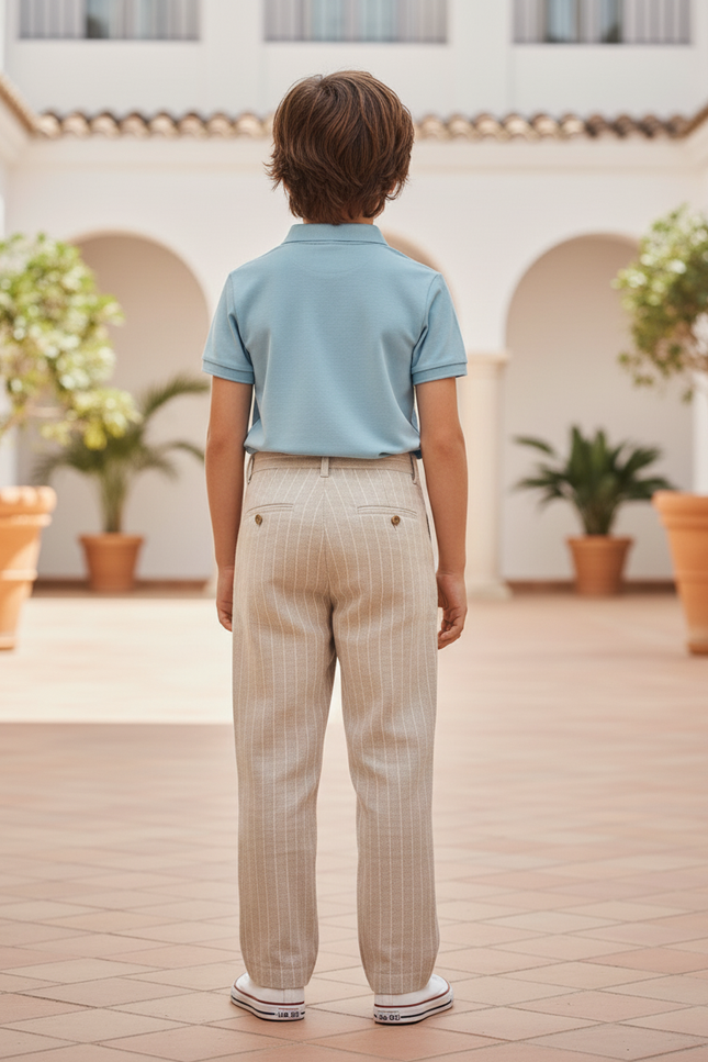 Pantalon En Lin Beige Rayé Droit Décontracté Enfant - vue 2