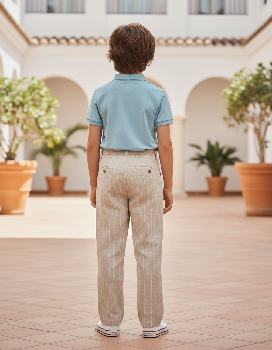 Pantalon En Lin Beige Rayé Droit Décontracté Enfant - vue 2