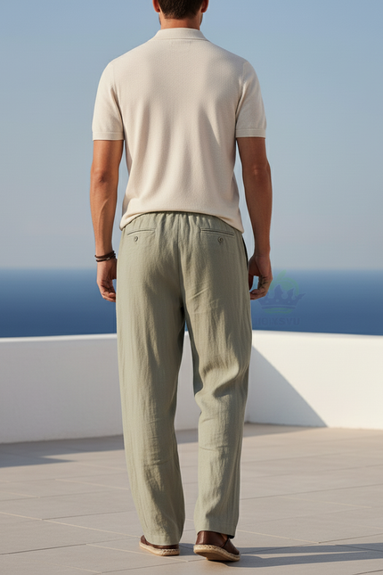 Pantalon En Lin Vert Ample Confortable Décontracté Homme - Kaki - vue 2