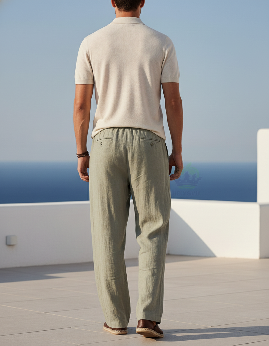 Pantalon En Lin Vert Ample Confortable Décontracté Homme - Kaki - vue 2