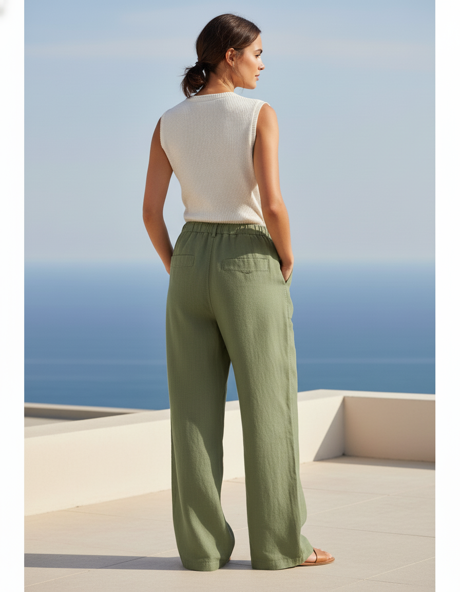 Pantalon En Lin Vert Ample Décontracté Taille Haute - Kaki - vue 2