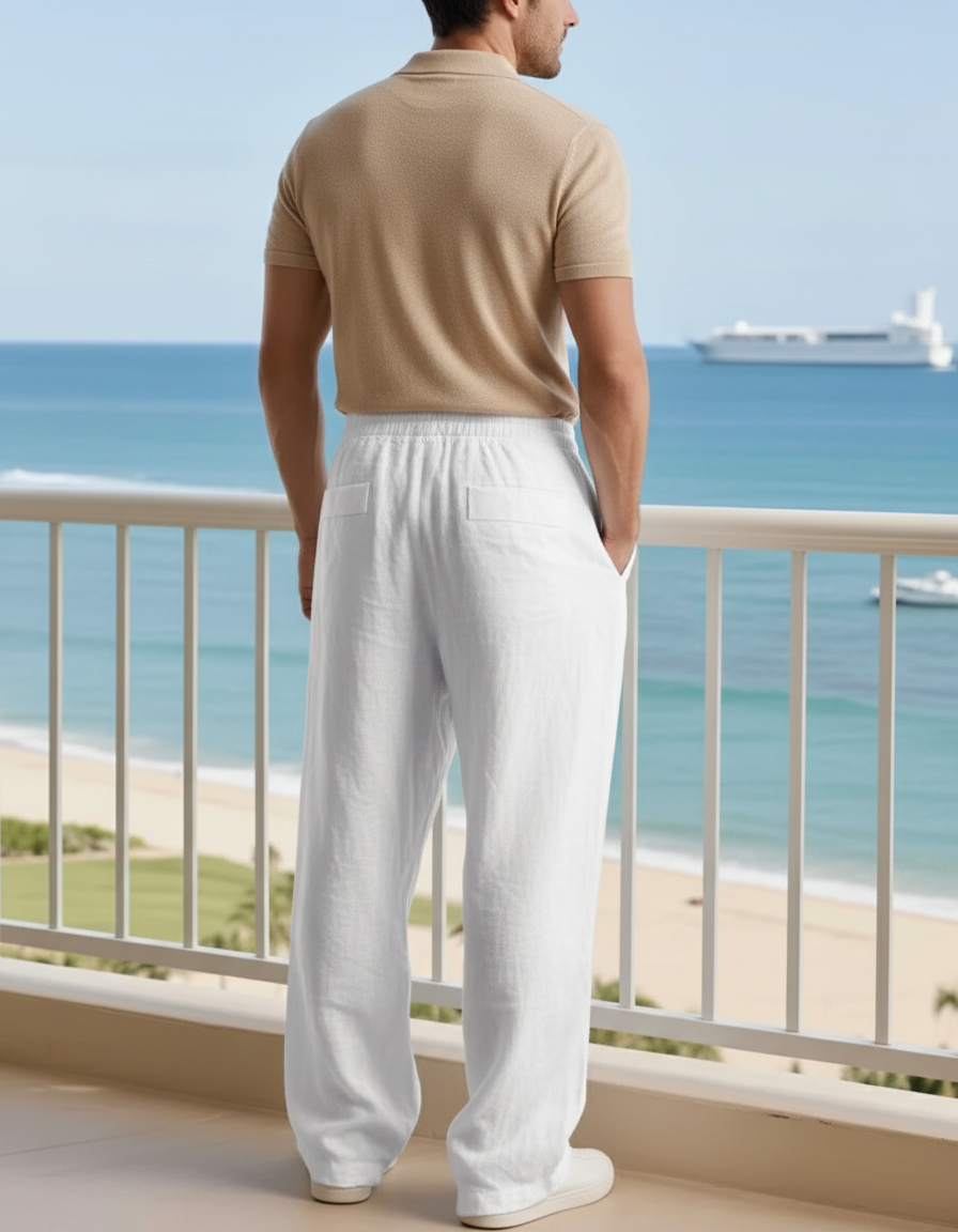Pantalon En Lin Blanc Ample Droit Décontracté Homme - vue 2