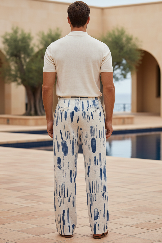 Pantalon En Lin Imprimé Bleu Ample Décontracté Estival - vue 2