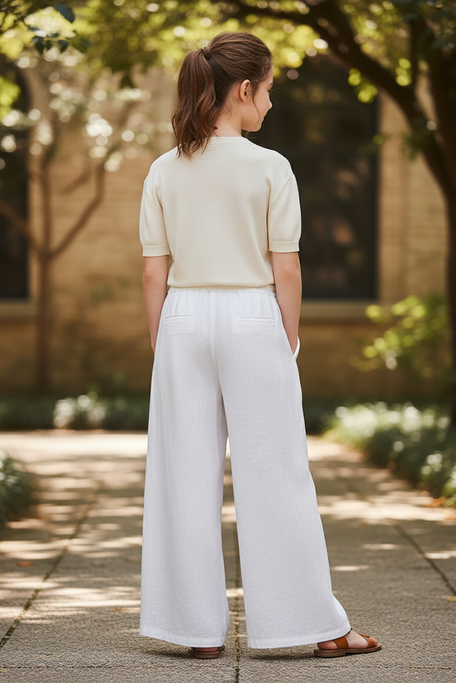 Pantalon En Lin Blanc Ample Décontracté Fluide Fille - vue 2