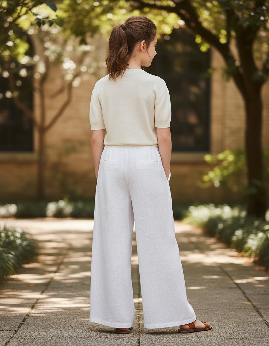 Pantalon En Lin Blanc Ample Décontracté Fluide Fille - vue 2