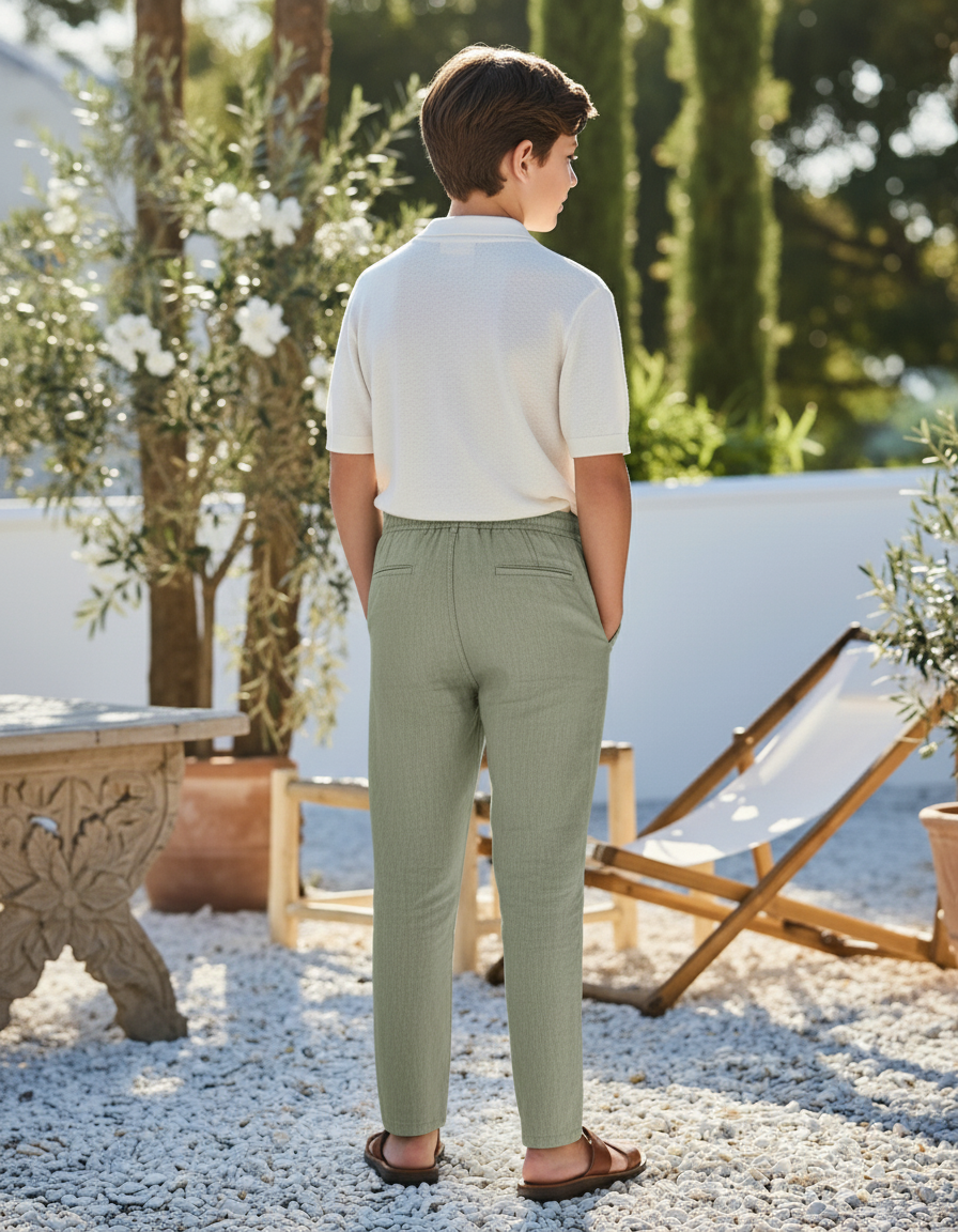 Pantalon En Lin Vert Ample Cordon Décontracté Garçon - vue 2