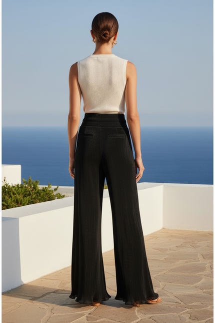 Pantalon En Lin Noir Plissé Ample Fluide Élégant - vue 2