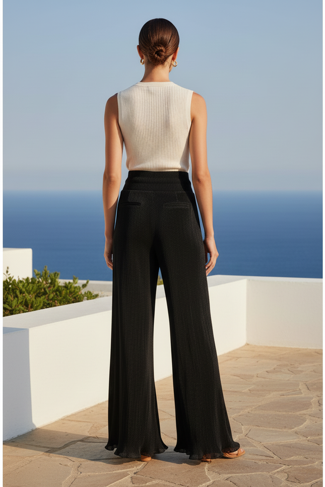 Pantalon En Lin Noir Plissé Ample Fluide Élégant - vue 2