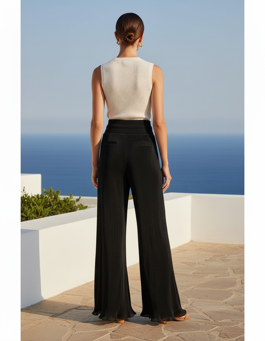 Pantalon En Lin Noir Plissé Ample Fluide Élégant - vue 2