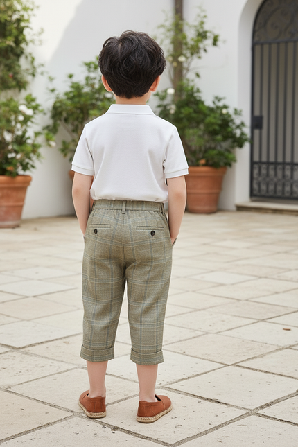 Pantalon En Lin Carreaux Vert Plissé Garçon Élégant - Kaki - vue 2