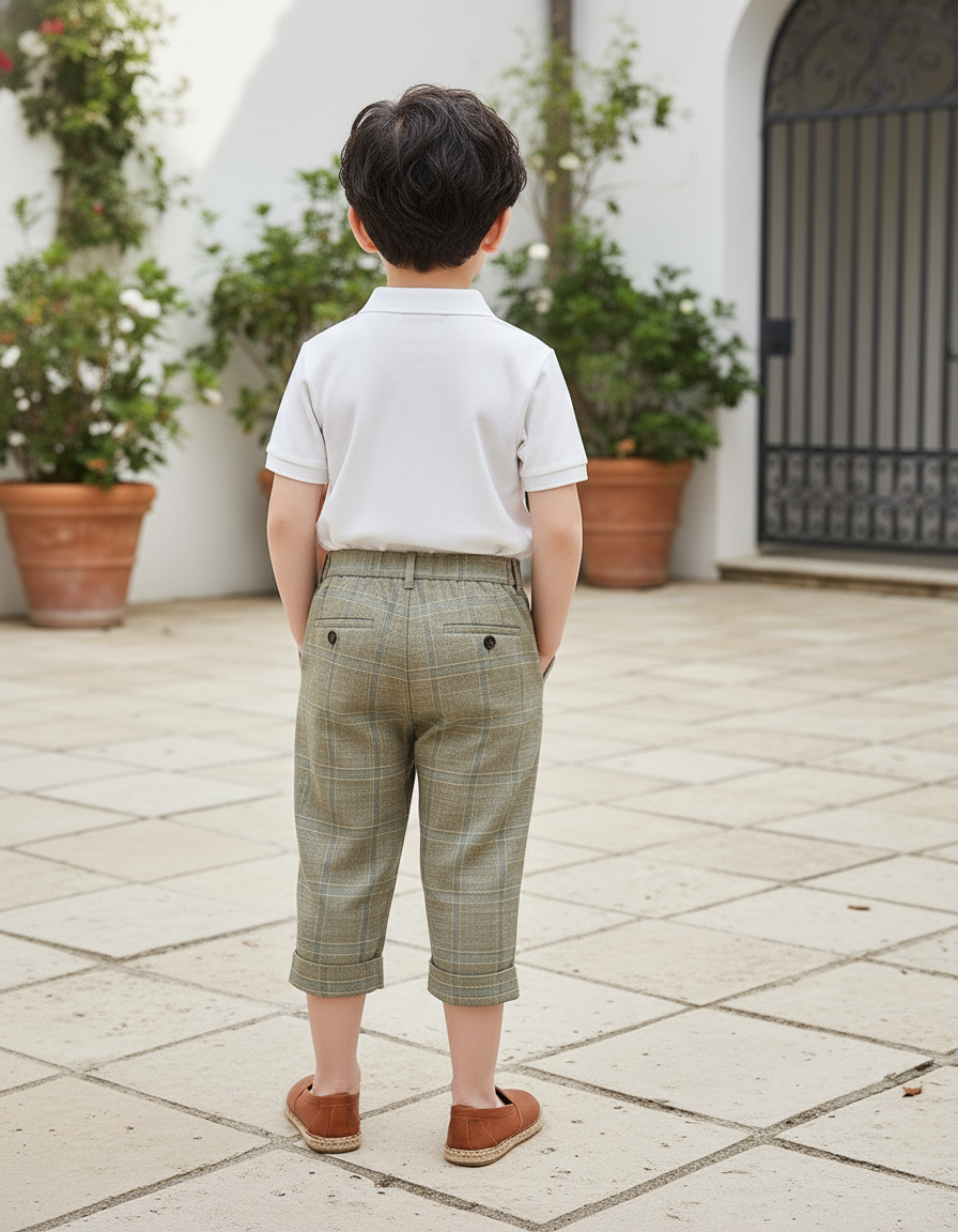 Pantalon En Lin Carreaux Vert Plissé Garçon Élégant - Kaki - vue 2