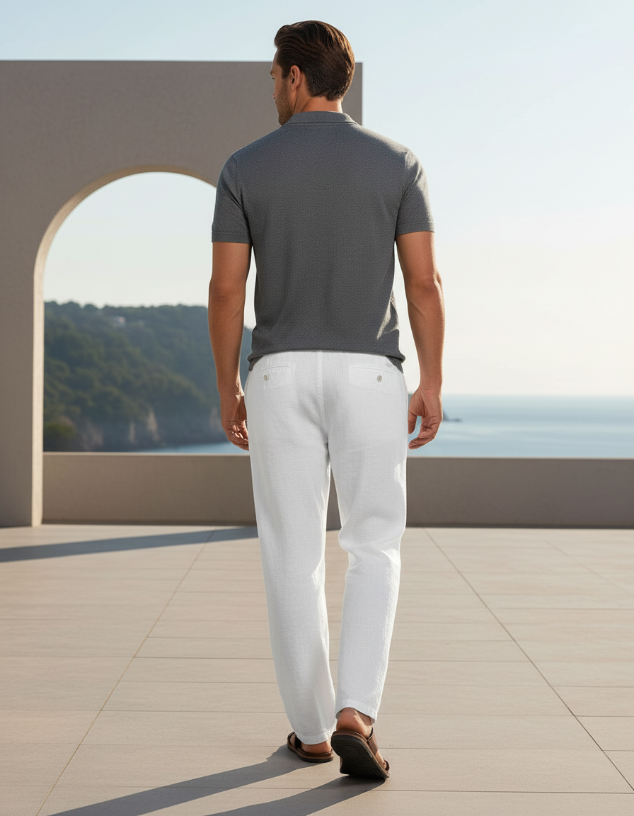 Pantalon En Lin Blanc Droit Décontracté Léger Cordon - vue 2