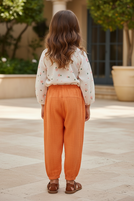 Pantalon En Lin Orange Ample Décontracté Enfant - vue 2