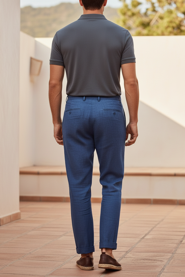 Pantalon En Lin Bleu Plissé Droit Décontracté Homme - vue 2