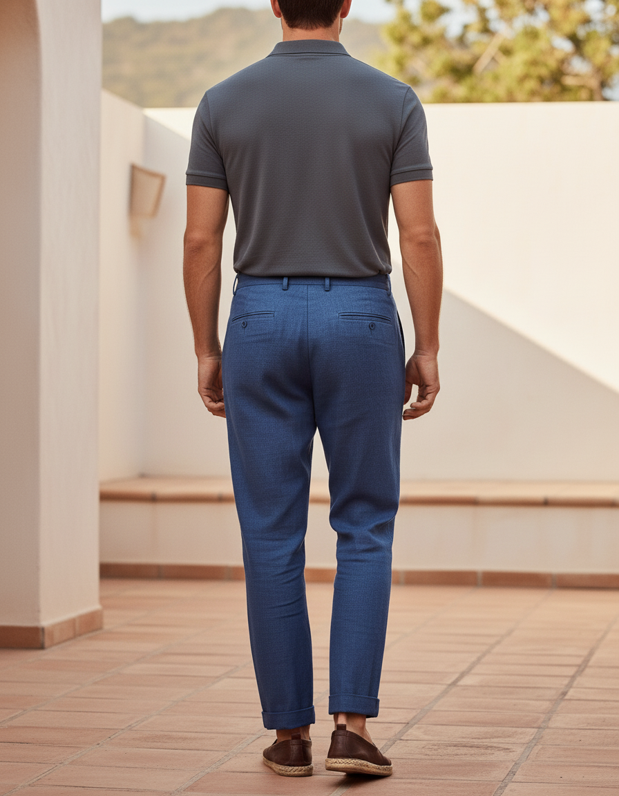 Pantalon En Lin Bleu Plissé Droit Décontracté Homme - vue 2