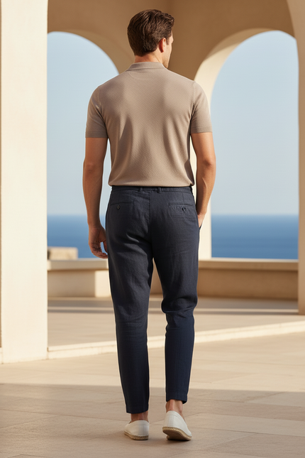 Pantalon En Lin Bleu Marine Plissé Cordon Décontracté Homme - vue 2