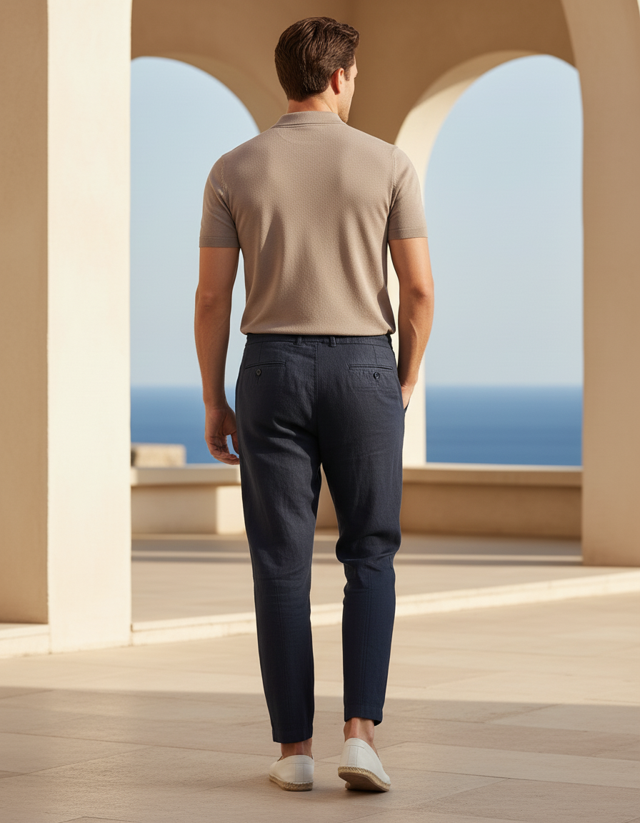 Pantalon En Lin Bleu Marine Plissé Cordon Décontracté Homme - vue 2