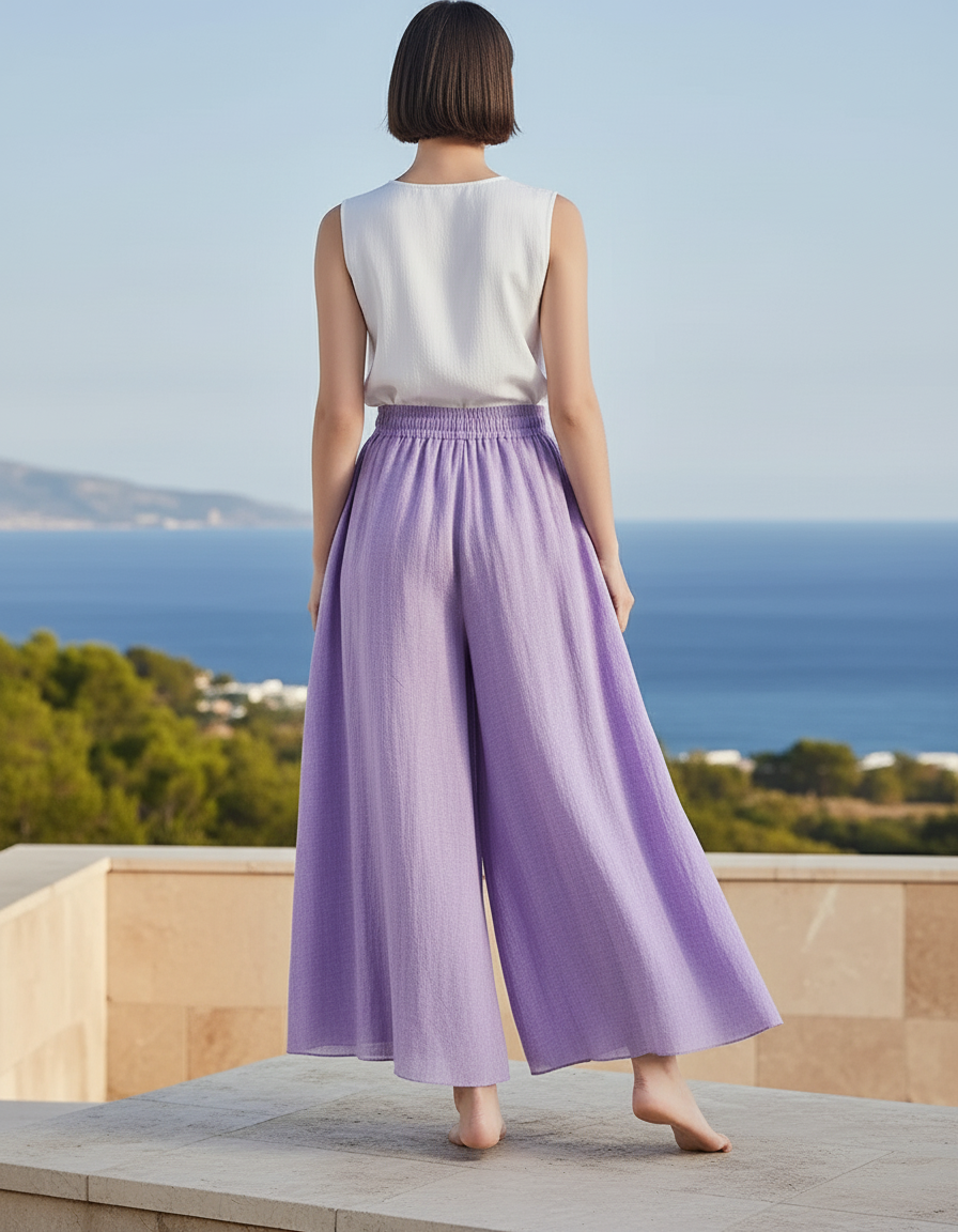 Pantalon En Lin Violet Ample Taille Haute Fluide - vue 2