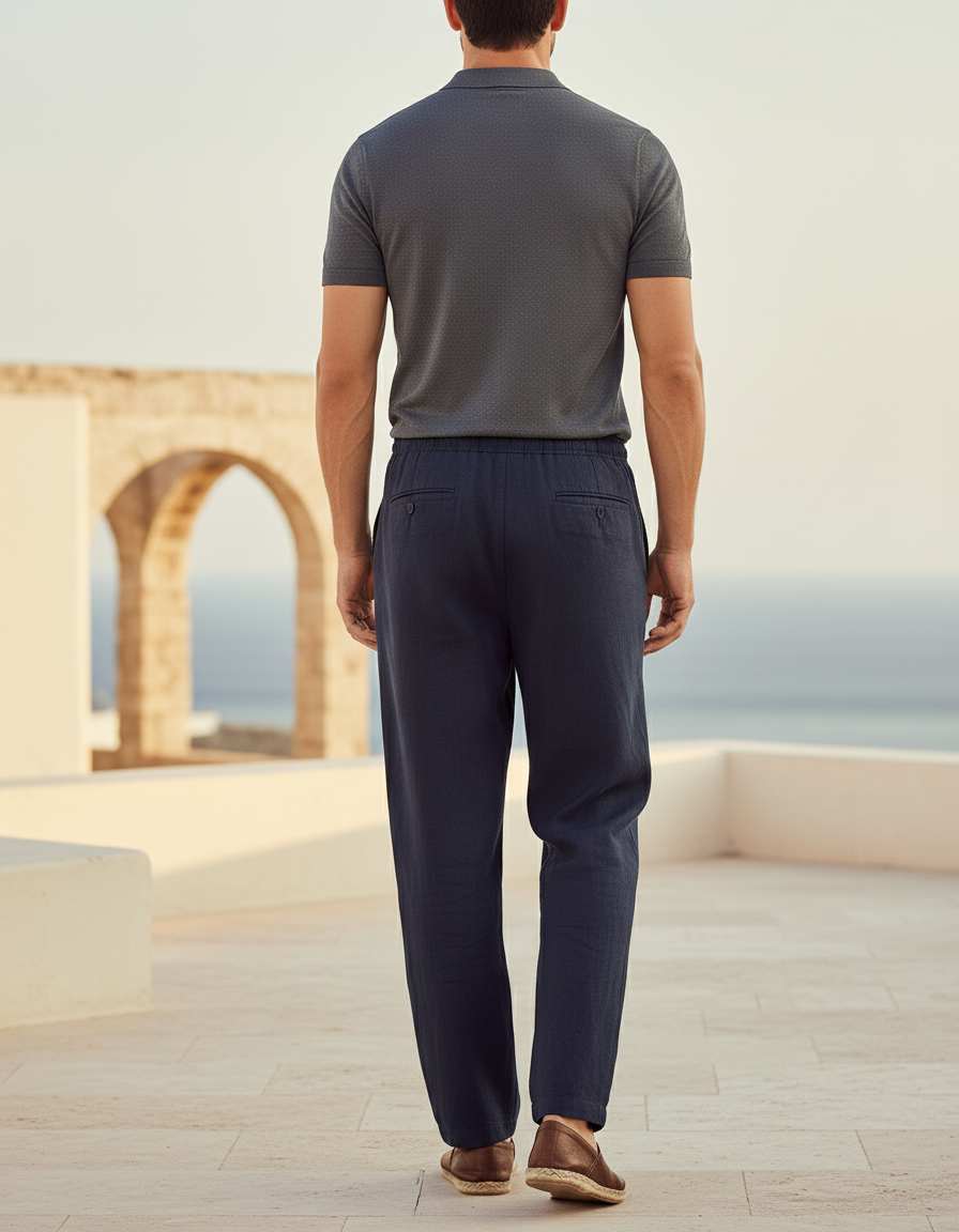 Pantalon En Lin Homme Ample Cordon Bleu Marine Décontracté - vue 2