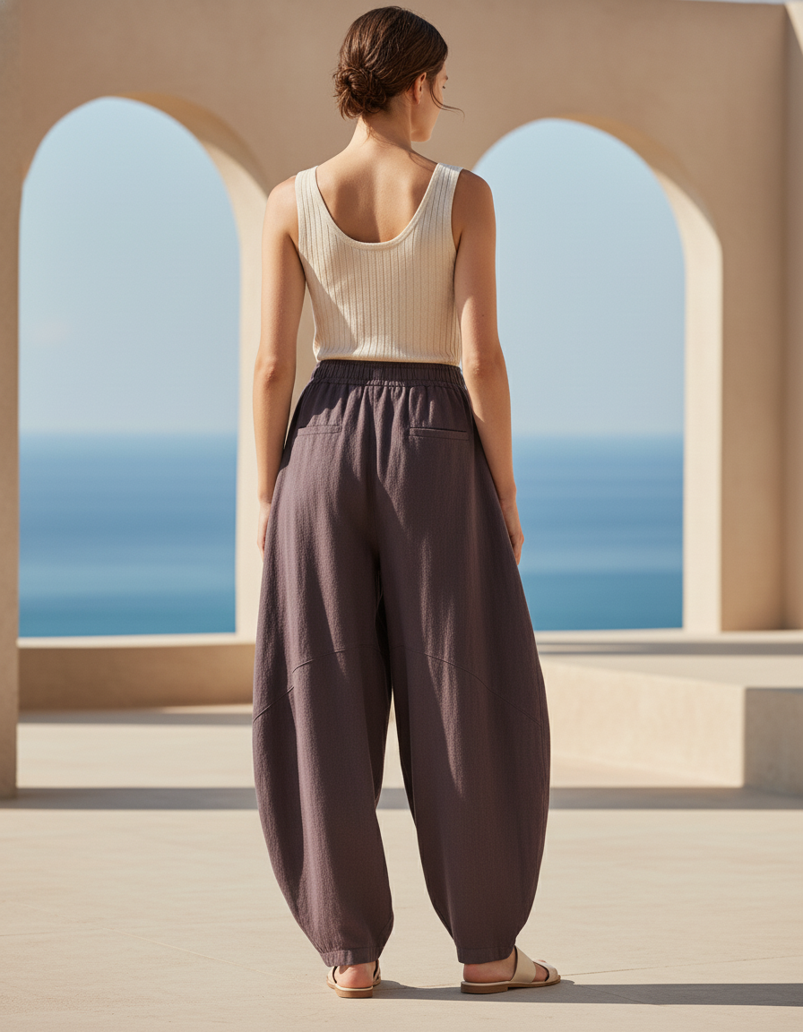 Pantalon En Lin Marron Ample Harem Confortable - vue 2