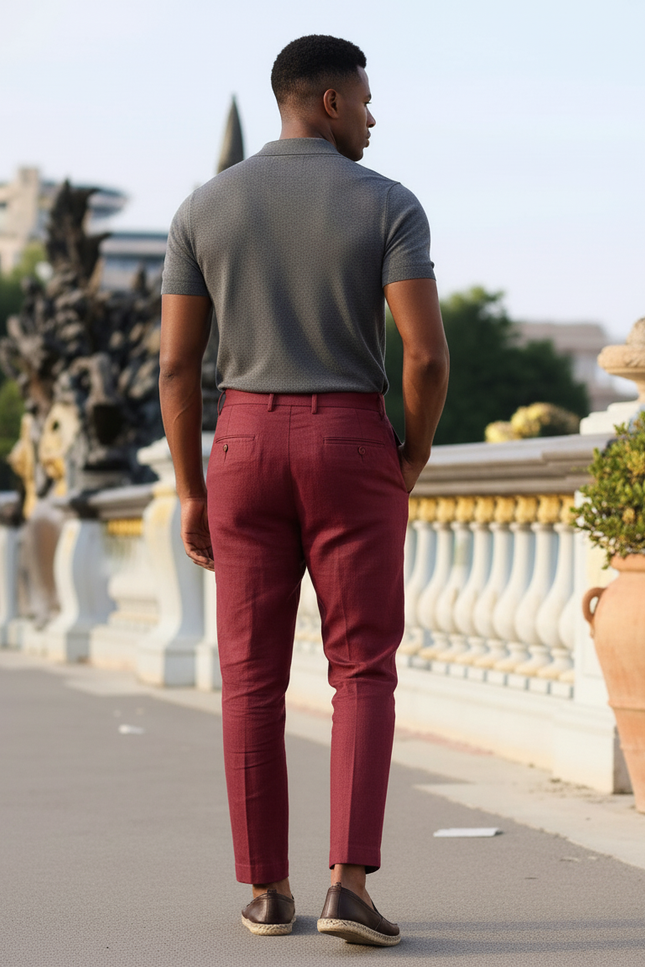 Pantalon En Lin Bordeau Plissé Droit Élégant Homme - Bordeaux - vue 2