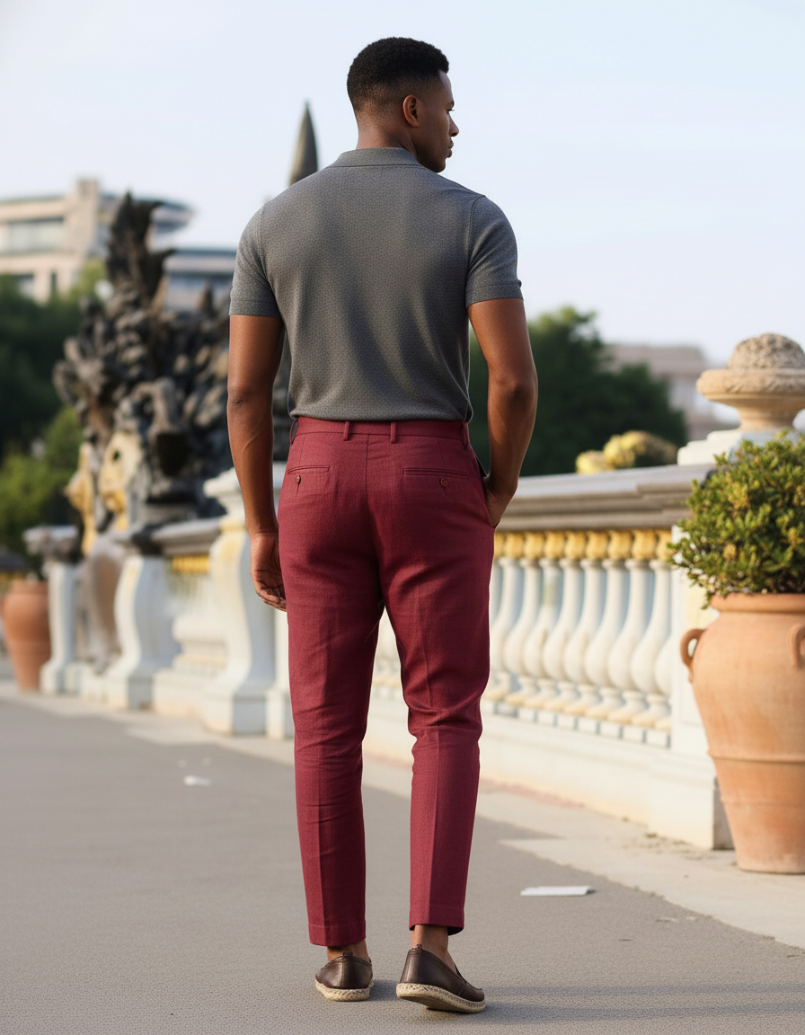 Pantalon En Lin Bordeau Plissé Droit Élégant Homme - Bordeaux - vue 2