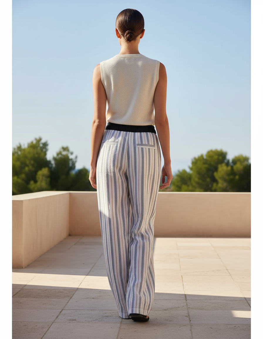 Pantalon En Lin Rayé Ample Taille Élastique Décontracté - Imprimé - vue 2