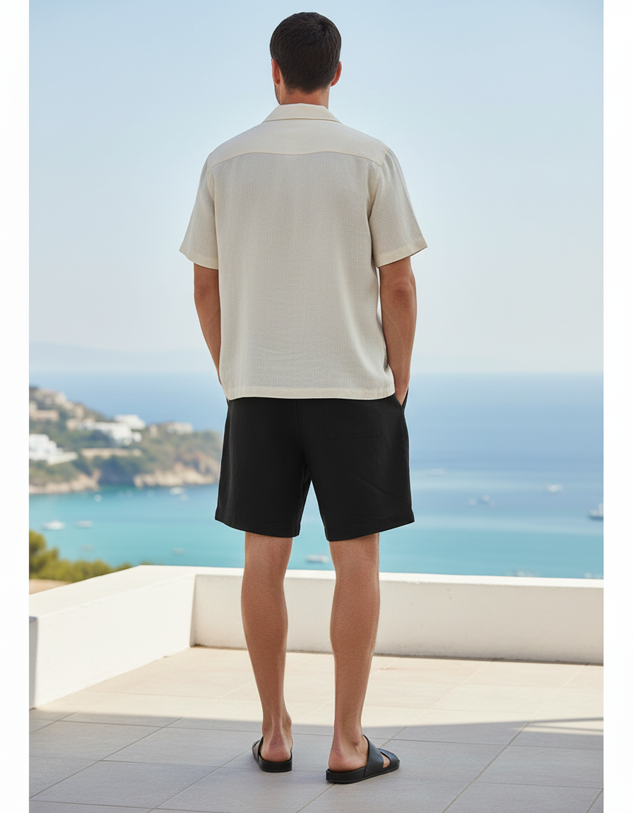 Pantalon En Lin Noir Cordon Décontracté Mi-long Homme - vue 2