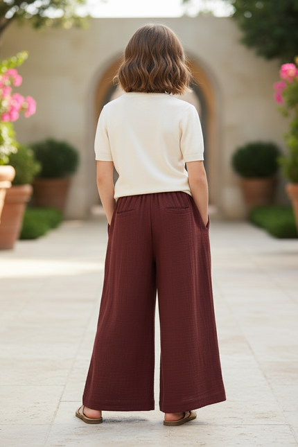 Pantalon En Lin Ample Marron Fluide Confortable Fille - Bordeaux - vue 2