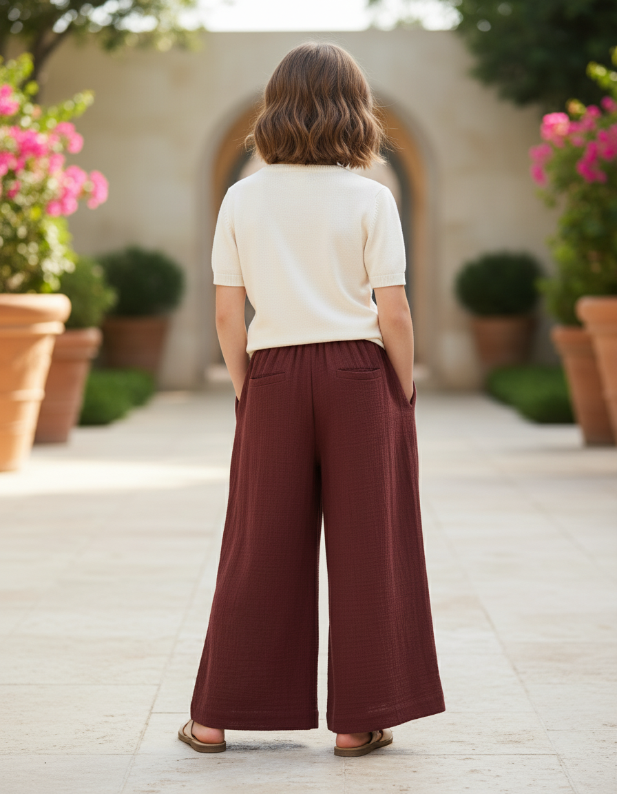 Pantalon En Lin Ample Marron Fluide Confortable Fille - Bordeaux - vue 2