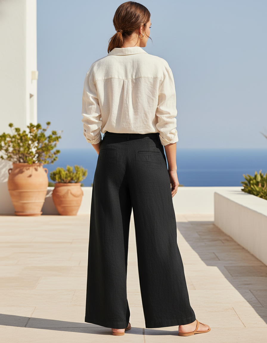 Pantalon En Lin Noir Ample Décontracté Confortable Femme - vue 2