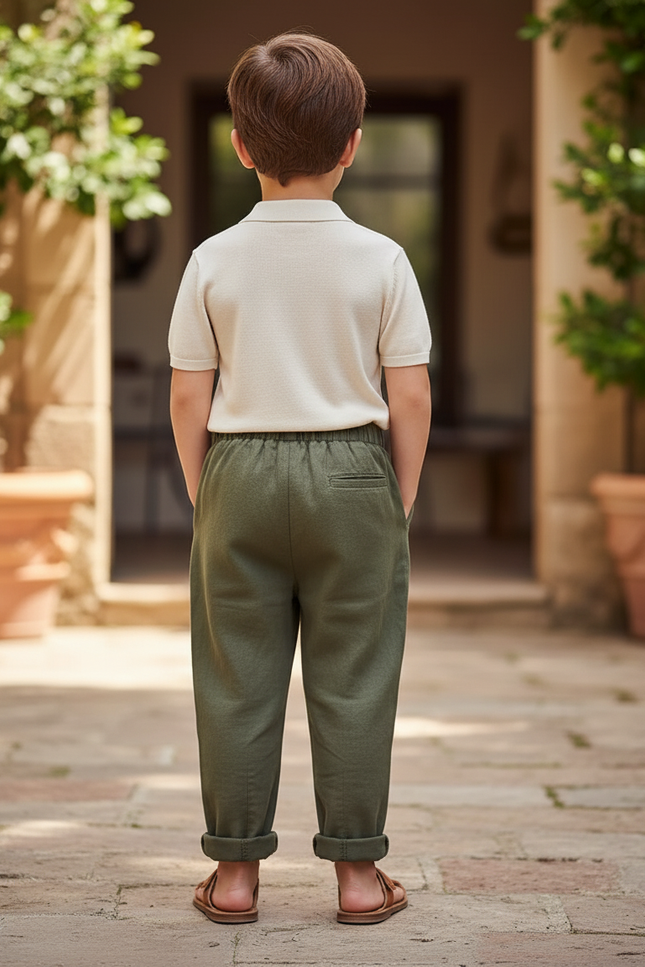 Pantalon En Lin Vert Olive Ample Décontracté Enfant - Kaki - vue 2