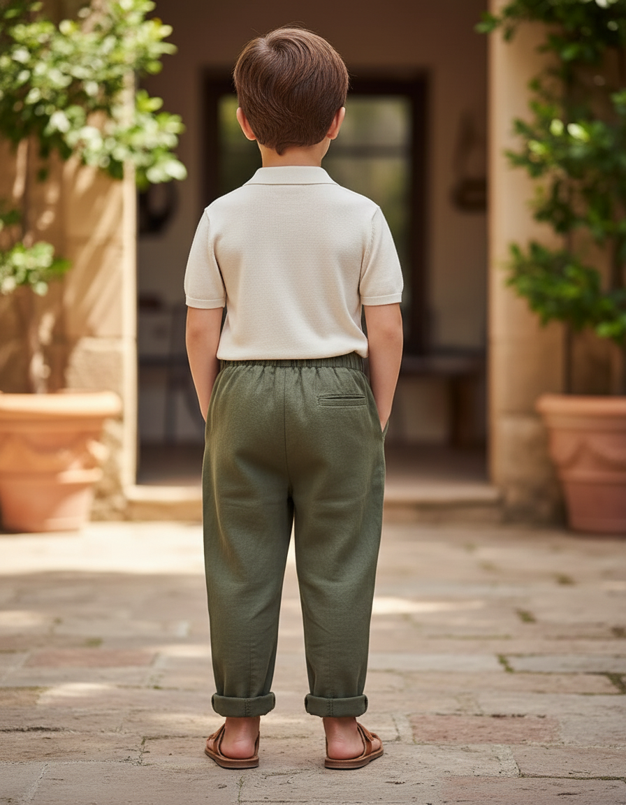 Pantalon En Lin Vert Olive Ample Décontracté Enfant - Kaki - vue 2