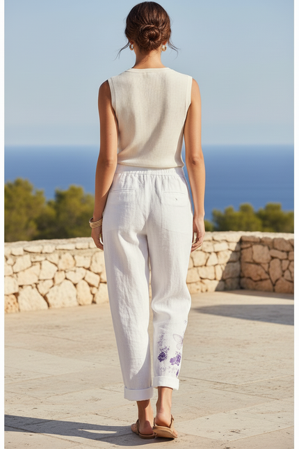 Pantalon En Lin Blanc Imprimé Papillons Ample Décontracté - vue 2
