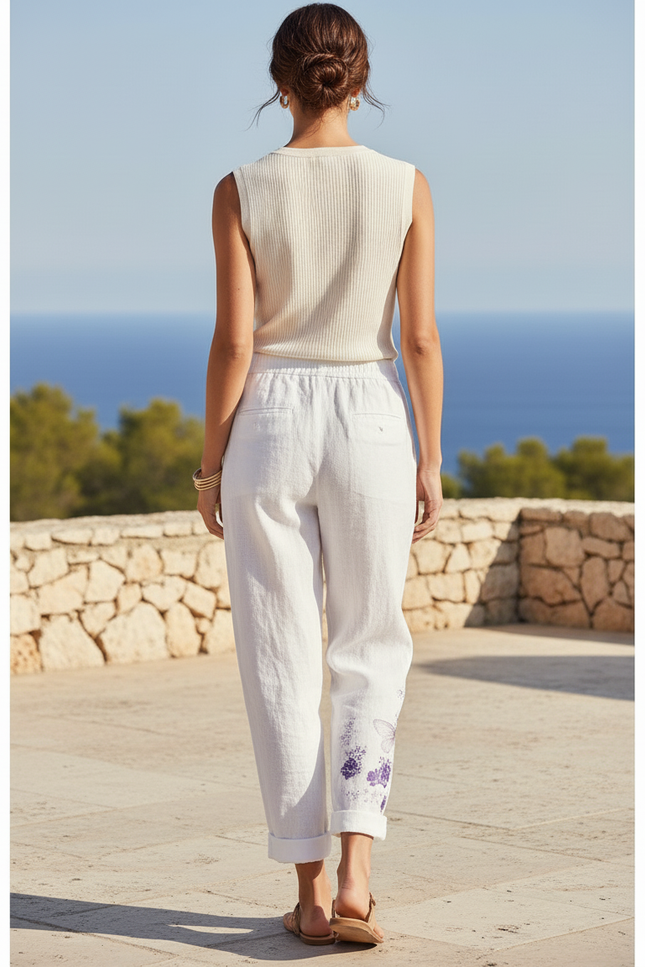 Pantalon En Lin Blanc Imprimé Papillons Ample Décontracté - vue 2