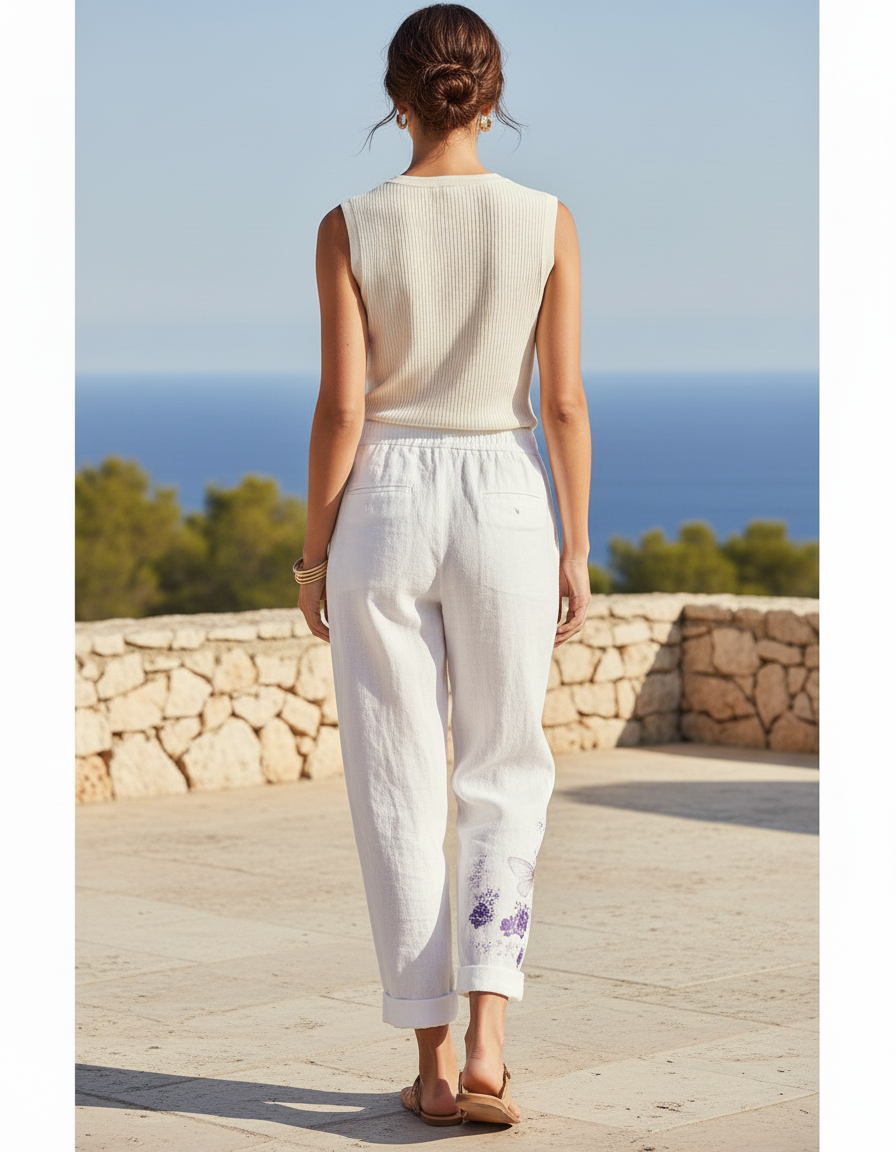 Pantalon En Lin Blanc Imprimé Papillons Ample Décontracté - vue 2