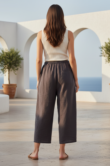 Pantalon En Lin Gris Ample Décontracté Patchwork Floral - vue 2