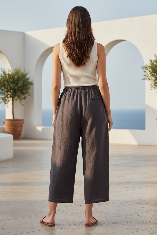 Pantalon En Lin Gris Ample Décontracté Patchwork Floral - vue 2