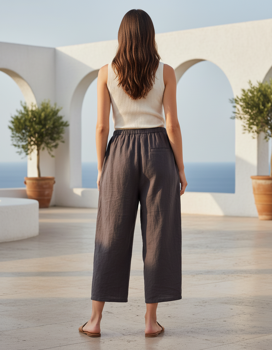 Pantalon En Lin Gris Ample Décontracté Patchwork Floral - vue 2