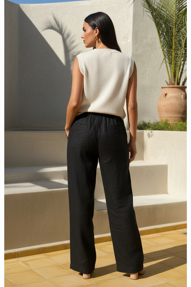Pantalon En Lin Femme Noir Coupe Ample Casual - vue 2