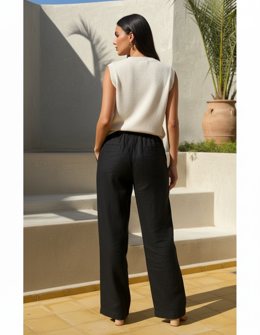 Pantalon En Lin Femme Noir Coupe Ample Casual - vue 2