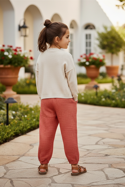 Pantalon En Lin Harem Coton Respirant Enfant Saumon - Orange - vue 2