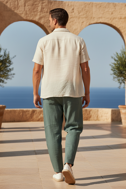 Pantalon En Lin Vert Ample Cordon Décontracté Léger - vue 2