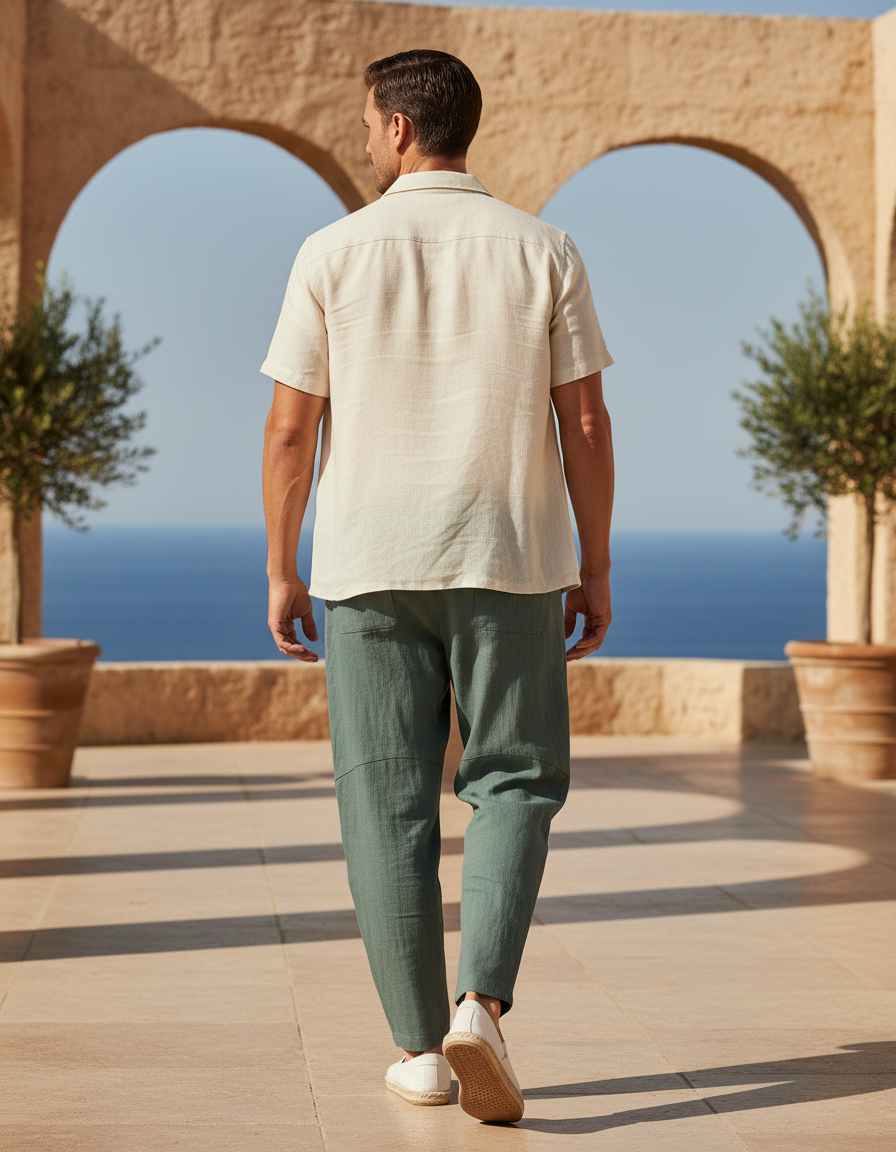 Pantalon En Lin Vert Ample Cordon Décontracté Léger - vue 2