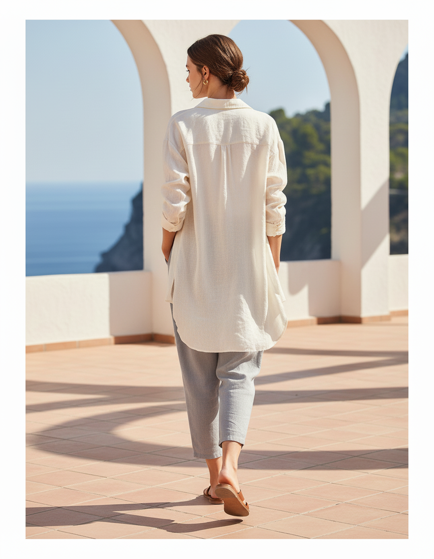 Pantalon En Lin Gris Fluide Décontracté Coton Taille Élastique - vue 2