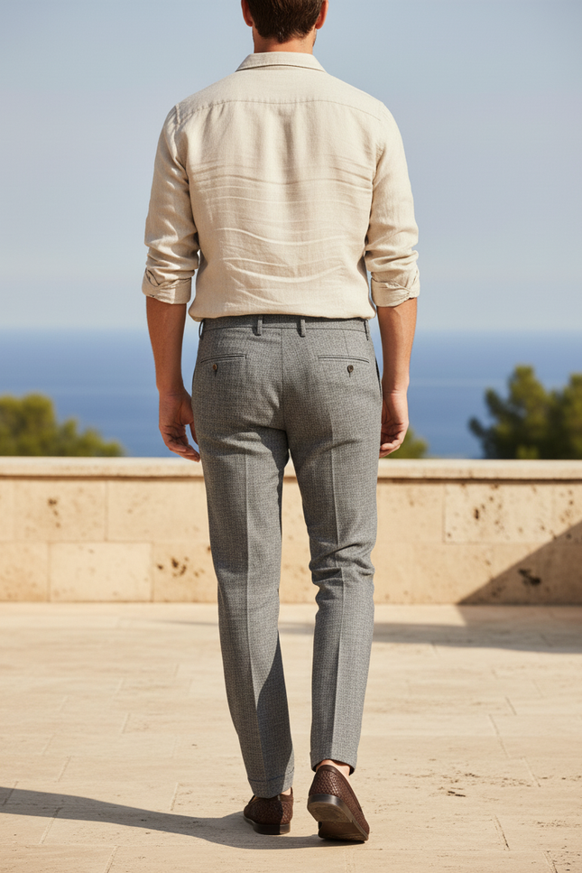 Pantalon En Lin Gris Droit Élégant Texturé Homme - vue 2